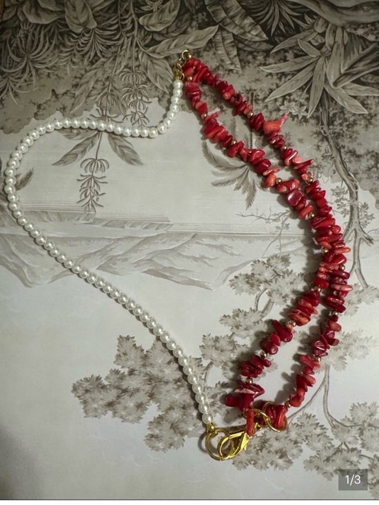 Jewelry - Elegant Red Coral & Pearl Strand Necklace with Gold Clasp